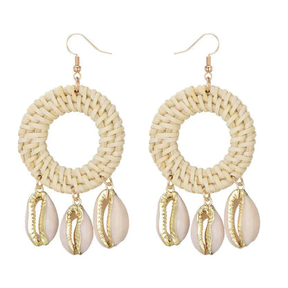 New Beach Sea Natural Shell Charms Bamboo Braid Drop Earrings Bohemian Rattan