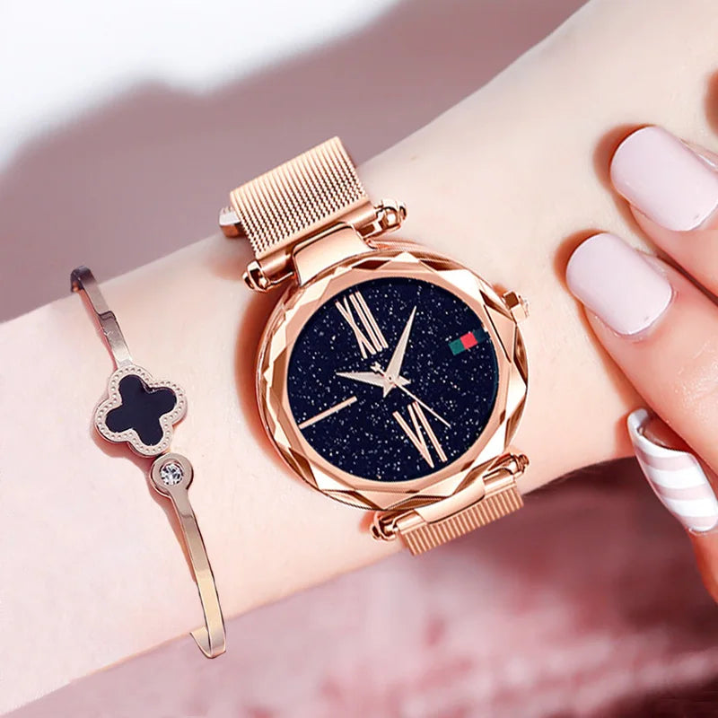 Luxury Rose Gold Women Watches Minimalism Starry Sky