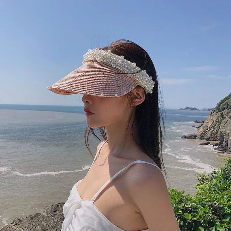 2022 New Pearls Women Summer Hat Female Elegant Pearl Straw Sun Hat