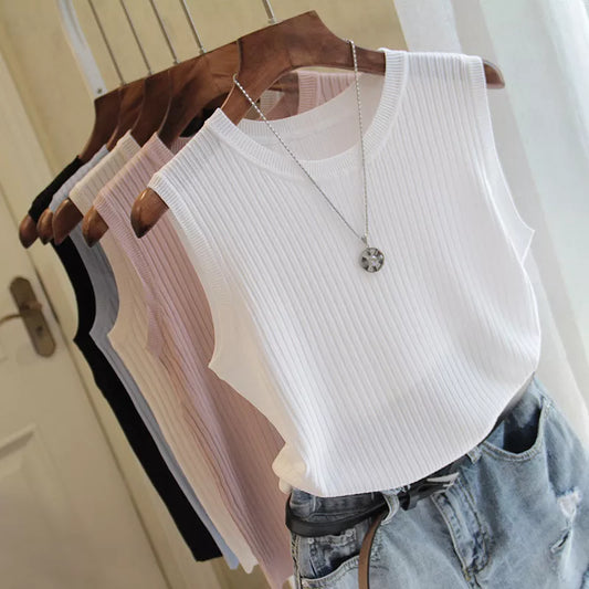 Fashion Woman Blouse Sleeveless Blouse Women O-Neck Knitted Blouse Shirt