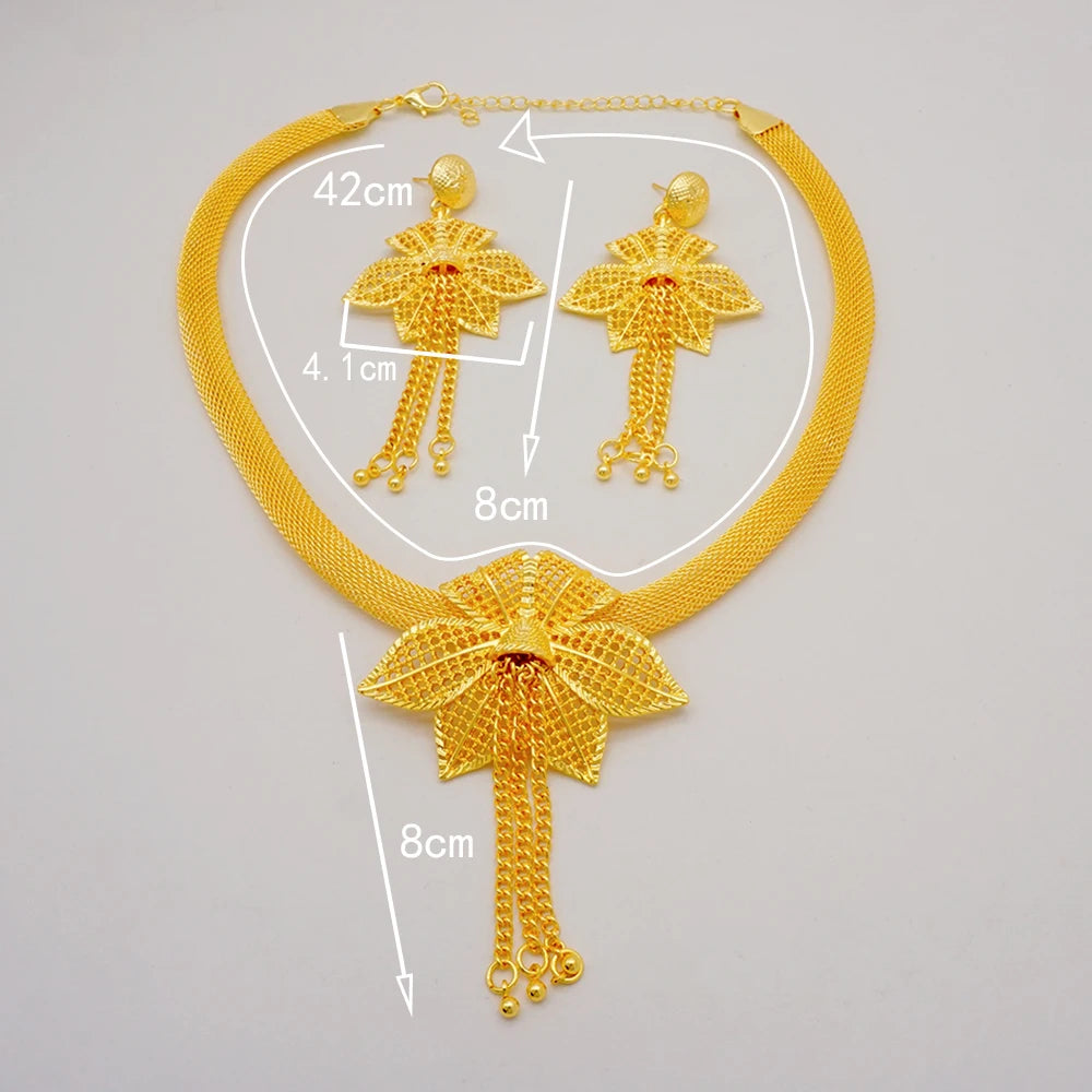 Ethiopian Dubai Gold Color Jewelery Sets for Women Girl Bridal Tassel Flower