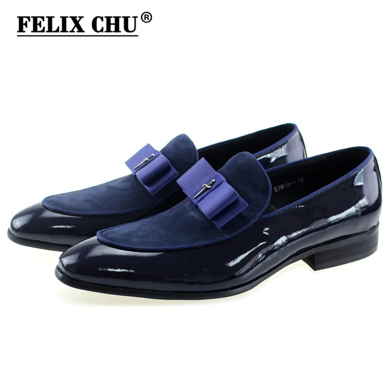 Handmade Mens Loafer Shoes Genuine Patent Leather Suede Patchwork With Bow