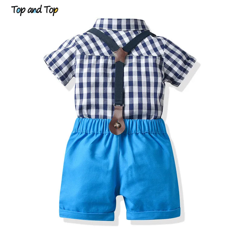 Top and Top Baby Boys Clothes Set Summer Toddler Plaid Tops+Suspenders