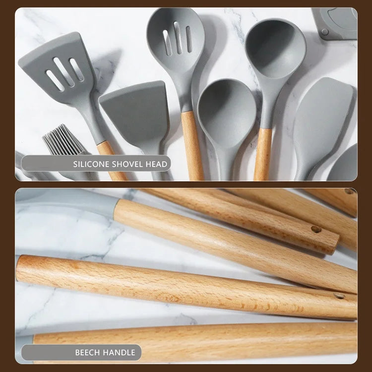 Hot 19-Piece Silicone Kitchen Utensils Set With Wooden Handle Knife Combination