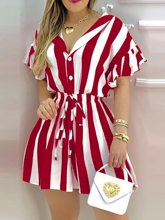 Striped Colorblock Ruffles Shirt Dress Women Short Sleeve v Neck Mini Work Dress