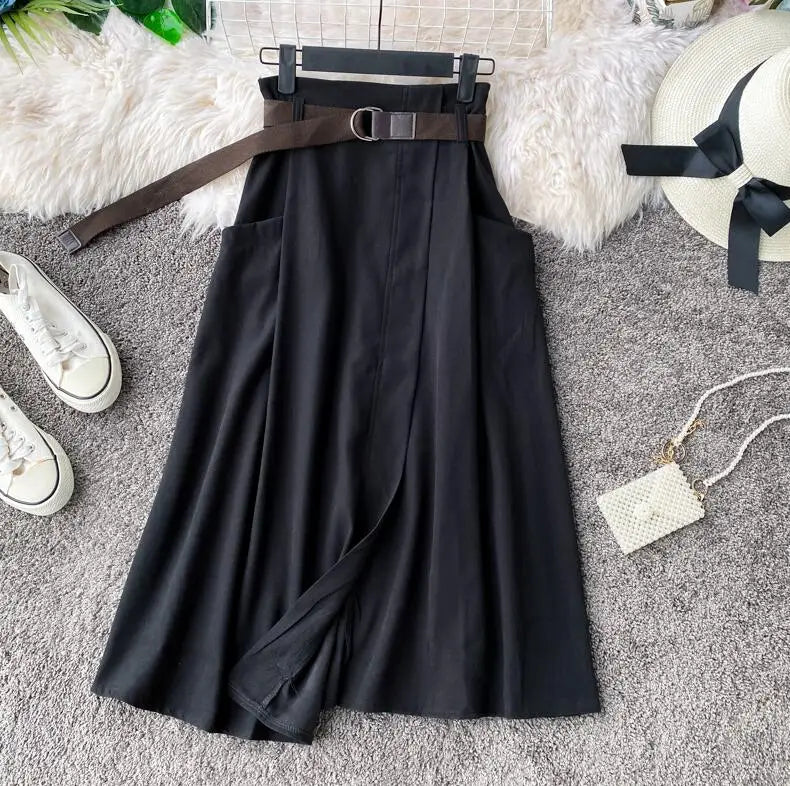 Slim High Waist A-Line Skirts Spring Summer Irregular Elegant Midi Korean Skirt