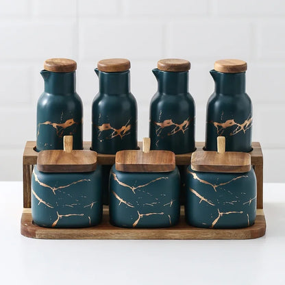 Matte Marble Pattern Ceramic Kitchen Spice Jar Oil Set Wooden Cover Salt Shaker