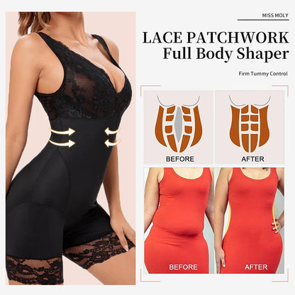 Women Full Body Shapewear Sexy v Neck Bodysuit Slimming Belly Lace Patchwork