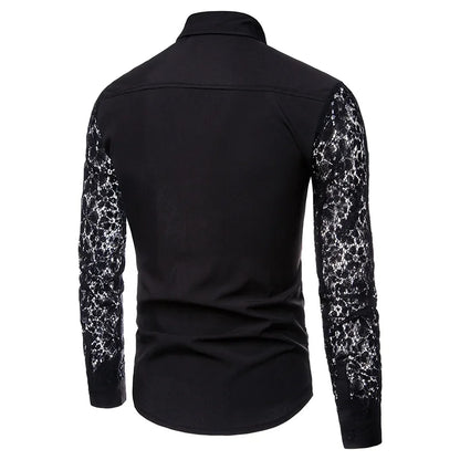 Mens Flower Patchwork Embroidery Lace Shirt Fashion Transparent Shirts