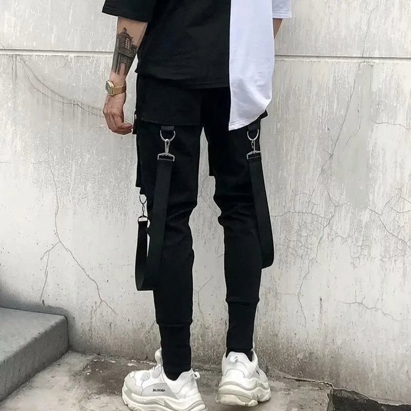 Fashion Slim-Fit Pants Men Streetwear Ribbon Harajuku Black Cargo Pants for Men