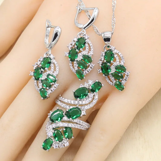 Trendy Green Semi-Precious Women Silver 925 Wedding Jewelry Sets