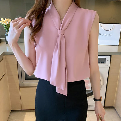 Women's Shirt Pink Ribbon Blouses for Women Sleeveless Summer Shirts Female