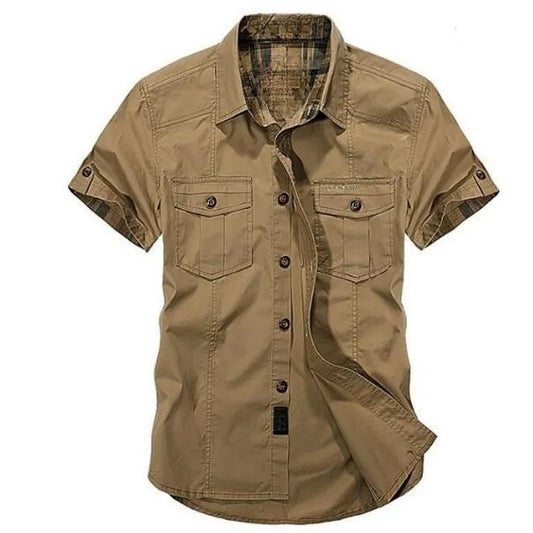 Men New Summer Men's Solid Military Short Sleeves Shirts Cotton Breathable