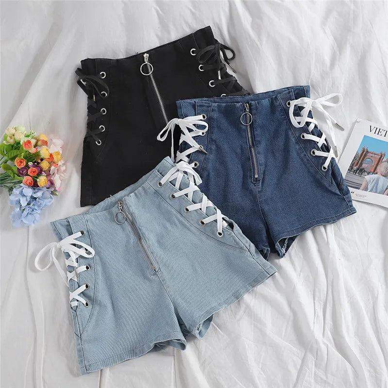 Spring Autumn Women Jeans Shorts Tie High Waist Denim Shorts