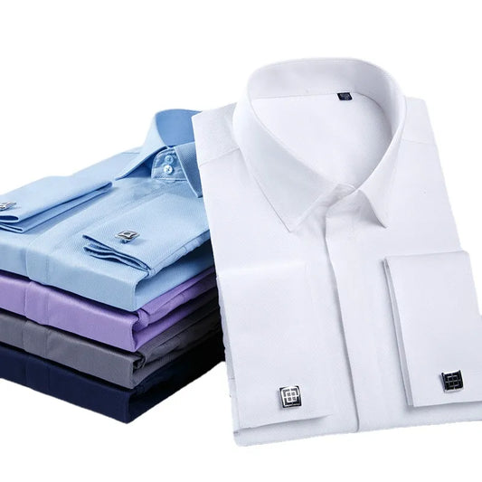 Quality Pink Men French Cufflinks Shirt Men's Shirt Long Sleeve