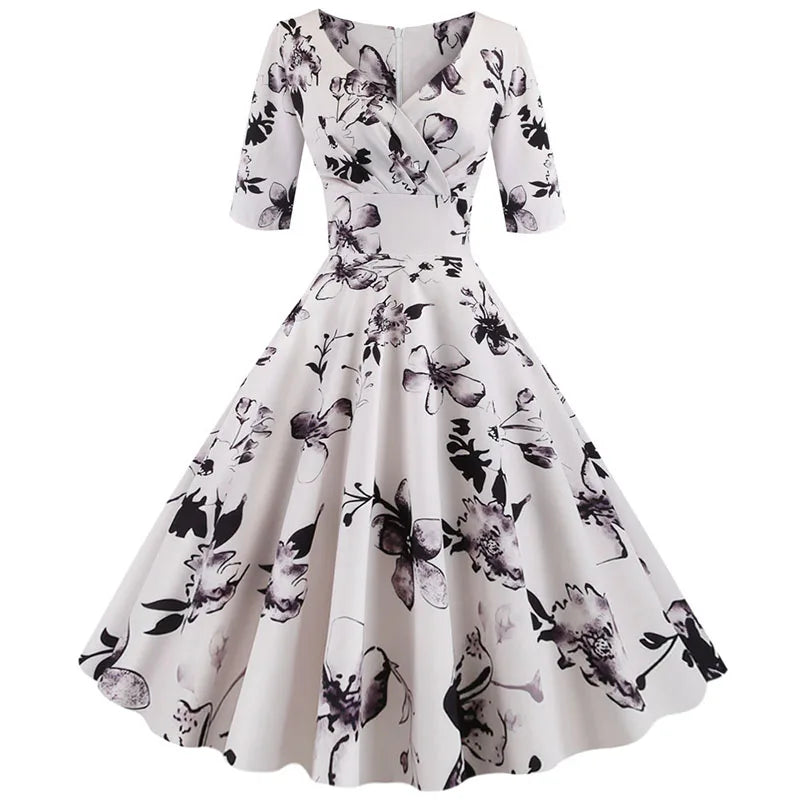 Women Flower Print Autumn Dress Casual Winter Half Sleeve