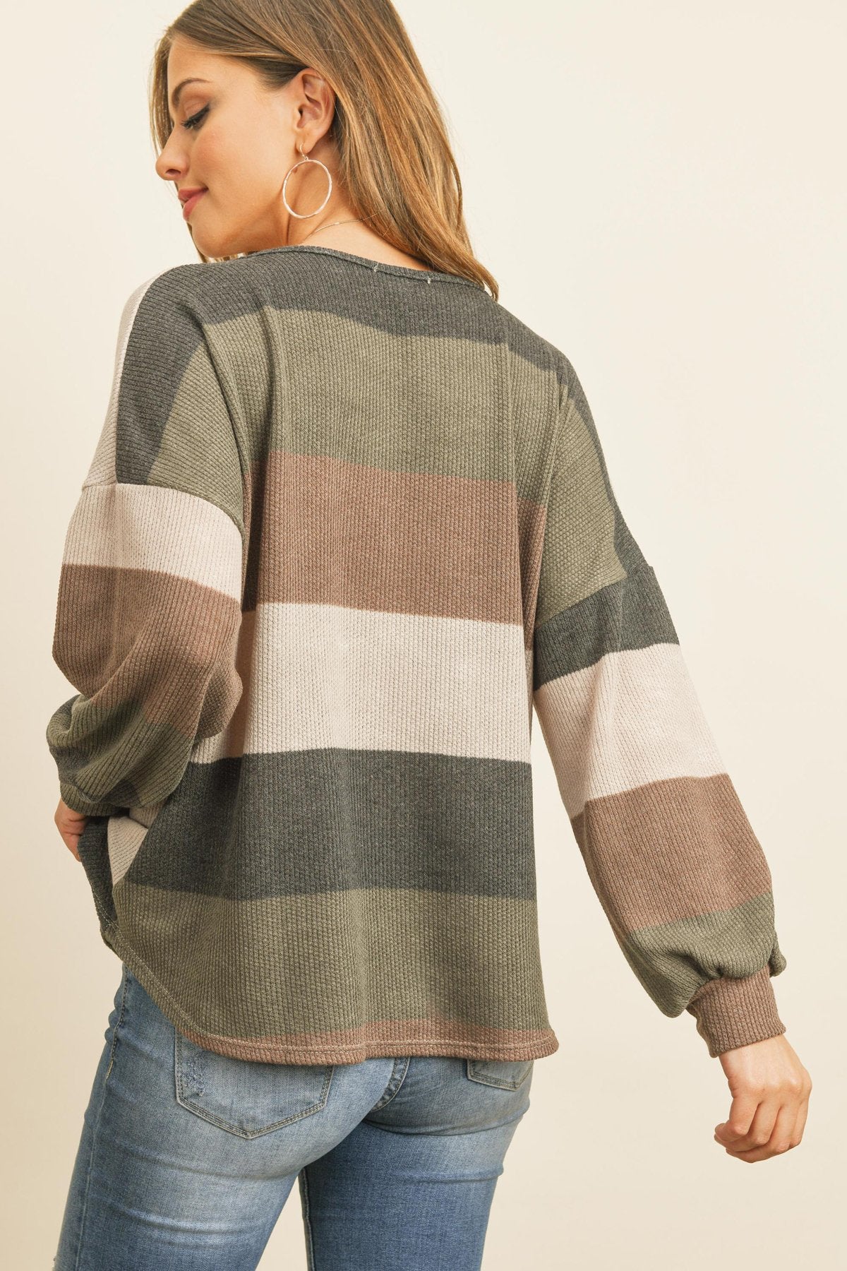 Rib Multicolor Stripes V-Neck Puff Sleeves Top