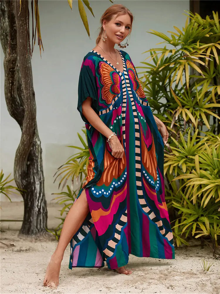 2023 Multicolored Kaftan Bohemian Printed V-Neck Batwing