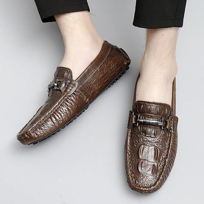 Mens Slip on Moccasins Men's Crocodile Pattern Loafers Genuine Leather Summer