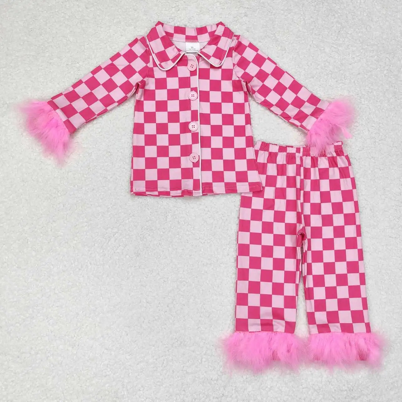 Boutique Wholesale Toddler Girls Hot Pink Checked Pajamas Clothing Kids Long