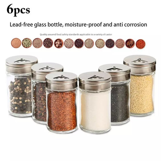 3/6pcs Stainless Steel Lid Condiment Pot Seasoning Bottle Glass Kitchen