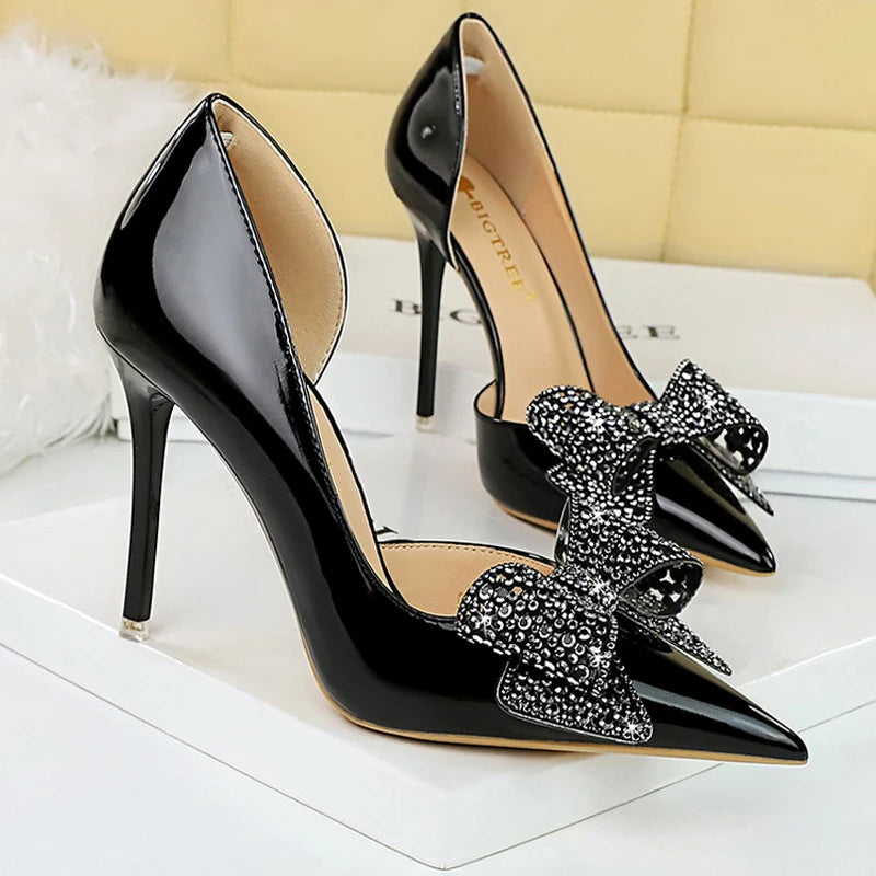 Luxury Pumps Women 10.5cm Heels Rhinestone Bowknot Lady Heels Stilettos Patent