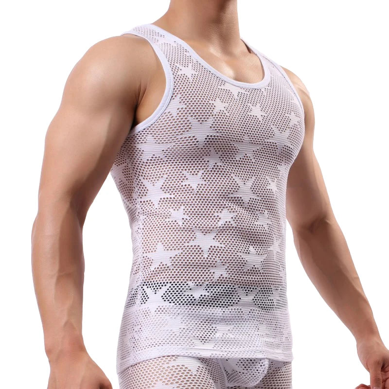 Men's Shirt Tank Top Gym Clothing Bodybuilding Mesh See Through Fitness Shirt