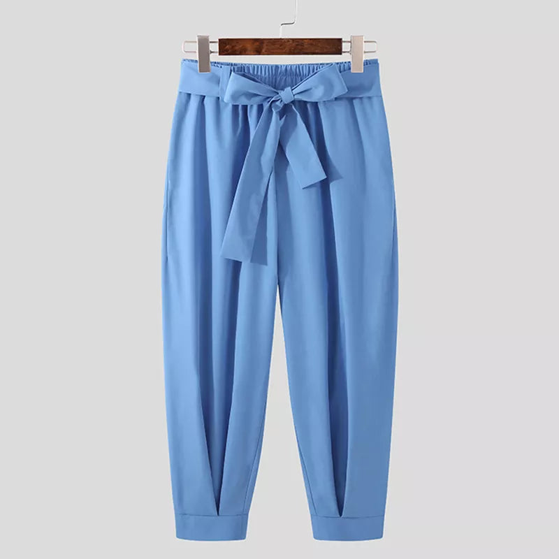 INCERUN 2023 New Men's Fashion Solid Color Pants Drawstring Casual Trousers