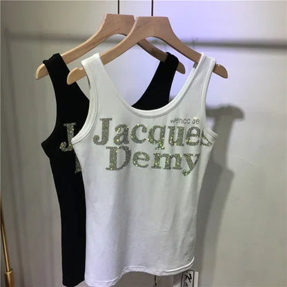 New Fashion Hot Drilling Vest Women's Thin Black Versatile Sling Basic Short