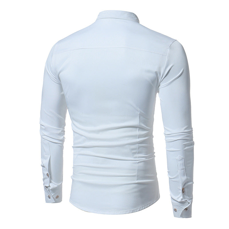 Fashion Long Sleeve Shirt Solid Slim Fit Male Social Casual Business Pleated