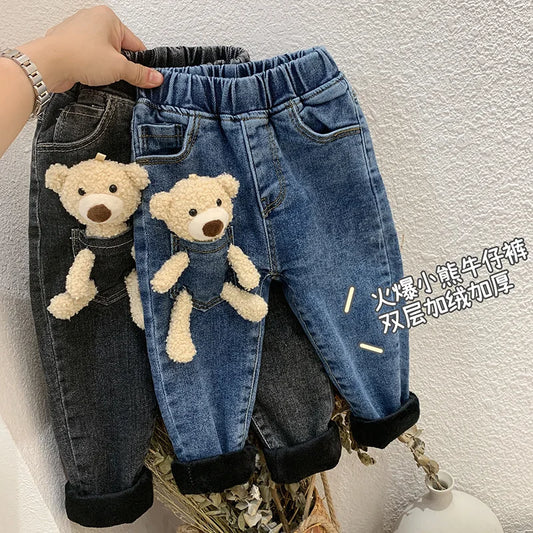 2-6 Years Winter Girls Boys Cute Cartoon Bear Jeans Pant Baby Kids Children