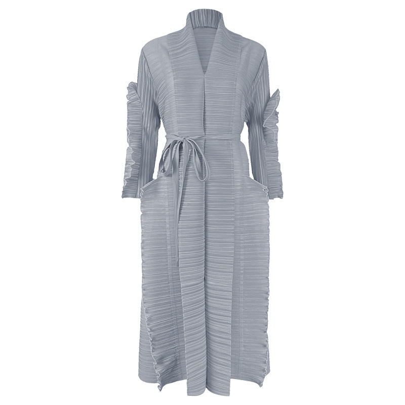 Miyake Pleated Long Petal Sleeve Dress Lapel Cardigan Sashes