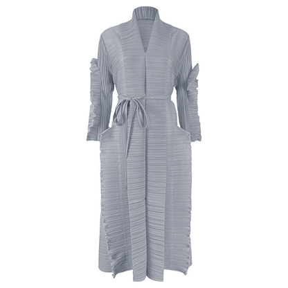 Miyake Pleated Long Petal Sleeve Dress Lapel Cardigan Sashes