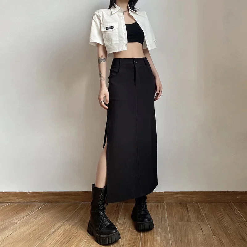 Goth Dark Elegant Mall Gothic Trumpet Women Midi Skirts Grunge High Waist Split