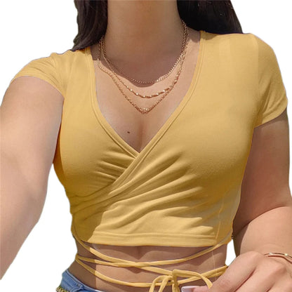 2023 Summer Solid v Neck T Shirts Women Short Sleeve Short Tops Crop Tops