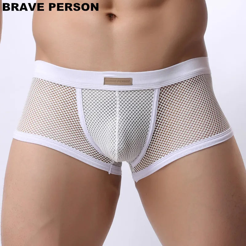 BRAVE PERSON Underwear Men's Boxers Breathable Mesh Hollow Boxer Shorts Sexy