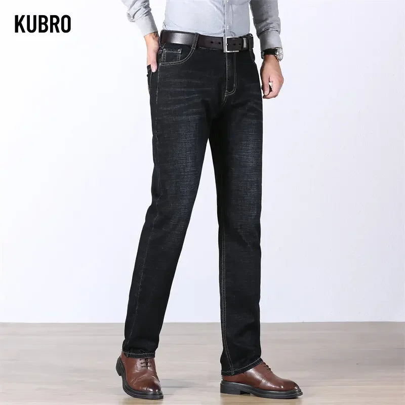 KUBRO Spring Jeans Men Cotton Business Casual Straight Stretch Denim Trouser