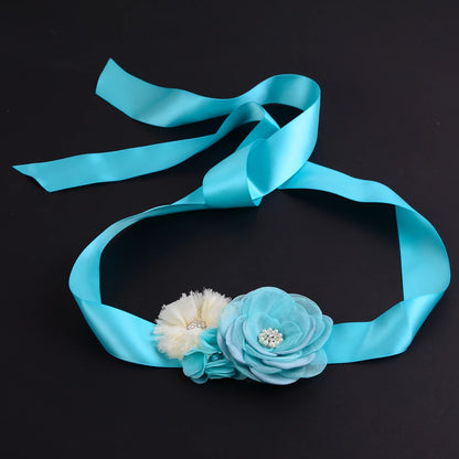 Turquoise Blue Girl Woman Sash Belt Satin Silk Chiffon Flower Sash Belt