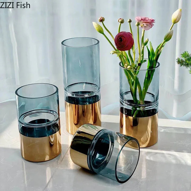 Gilded Base Glass Vase Transparent Hydroponic Flower Pots