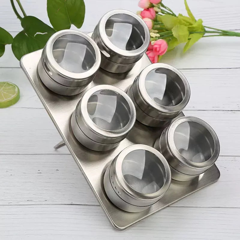 6pcs/Set Magnetic Spice Tin Jar With Rack Stainless Steel Spice Sauce Storage