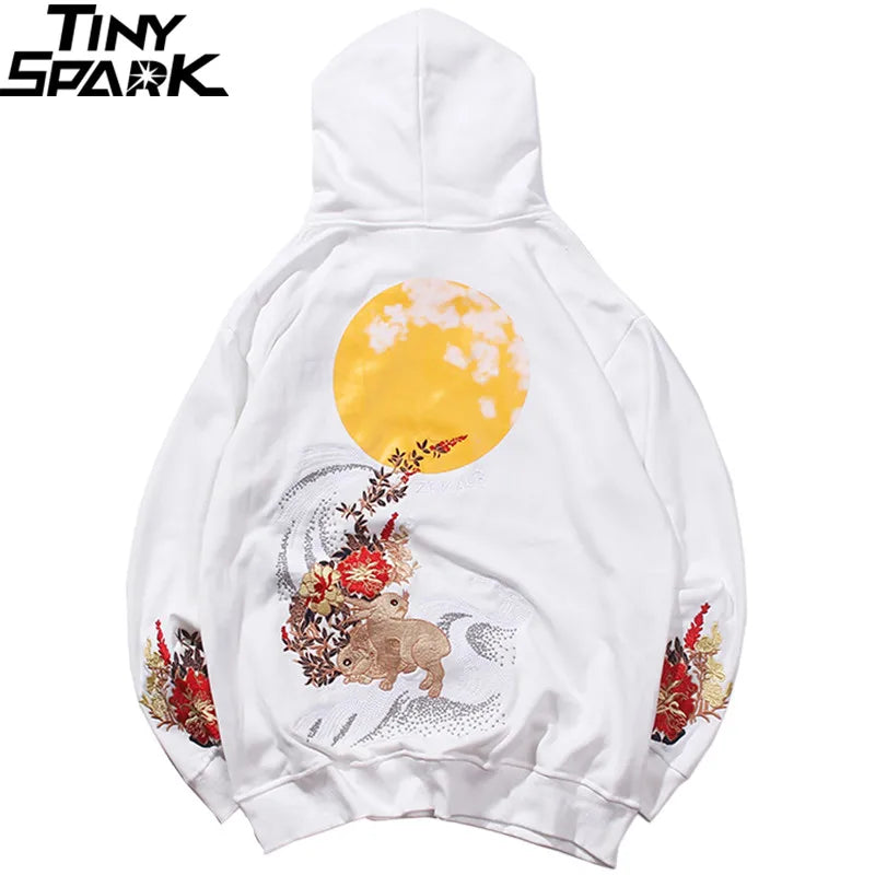 2023 Men Hip Hop Hoodie Sweatshirt Embroidered Floral Full Moon Rabbit Pullover