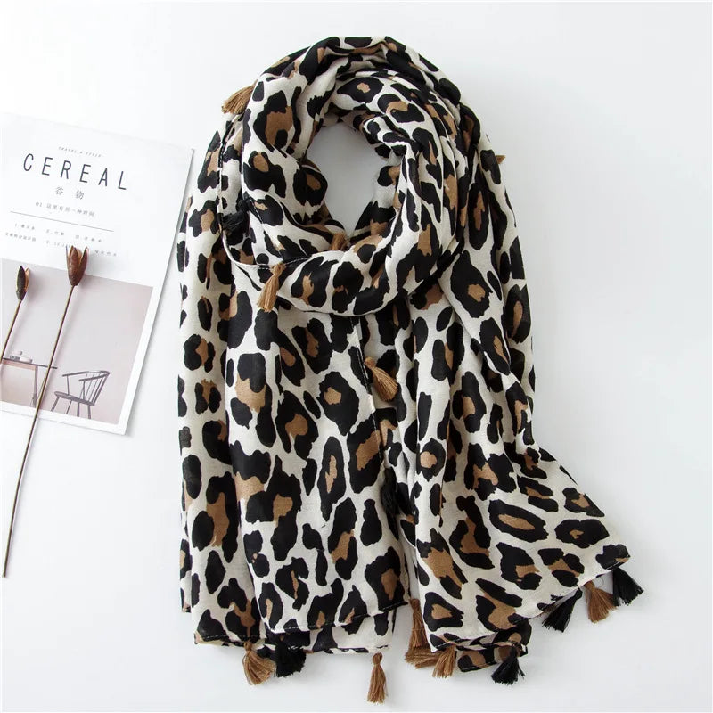 Autumn Winter Leopard Dot Tassel Viscose Shawl Scarf Women Print Neckerchief