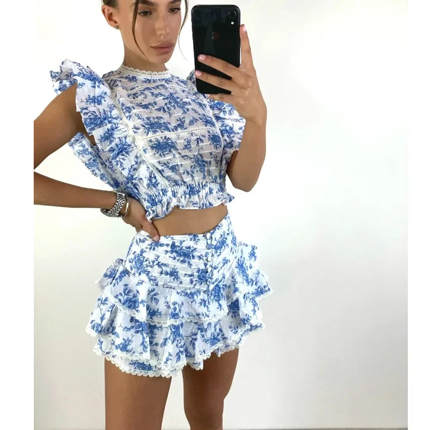 Sunday Set Elastic Waistband Cropped Top With Ruffle Mini Shorts Skirts