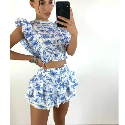 Sunday Set Elastic Waistband Cropped Top With Ruffle Mini Shorts Skirts