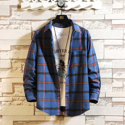 Casual Plaid Shirt Vintage Spliced Mens Shirts Turn-Down Collar Long Sleeve