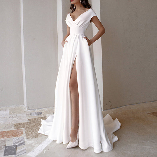 New Arrival 2024 Women White Sexy V-Neck Evening Dresses Womens Tailed Party