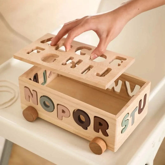 Wooden Montessori Toy Car  Baby Alphabet Car Multifunctional Traffic Puzzle Car