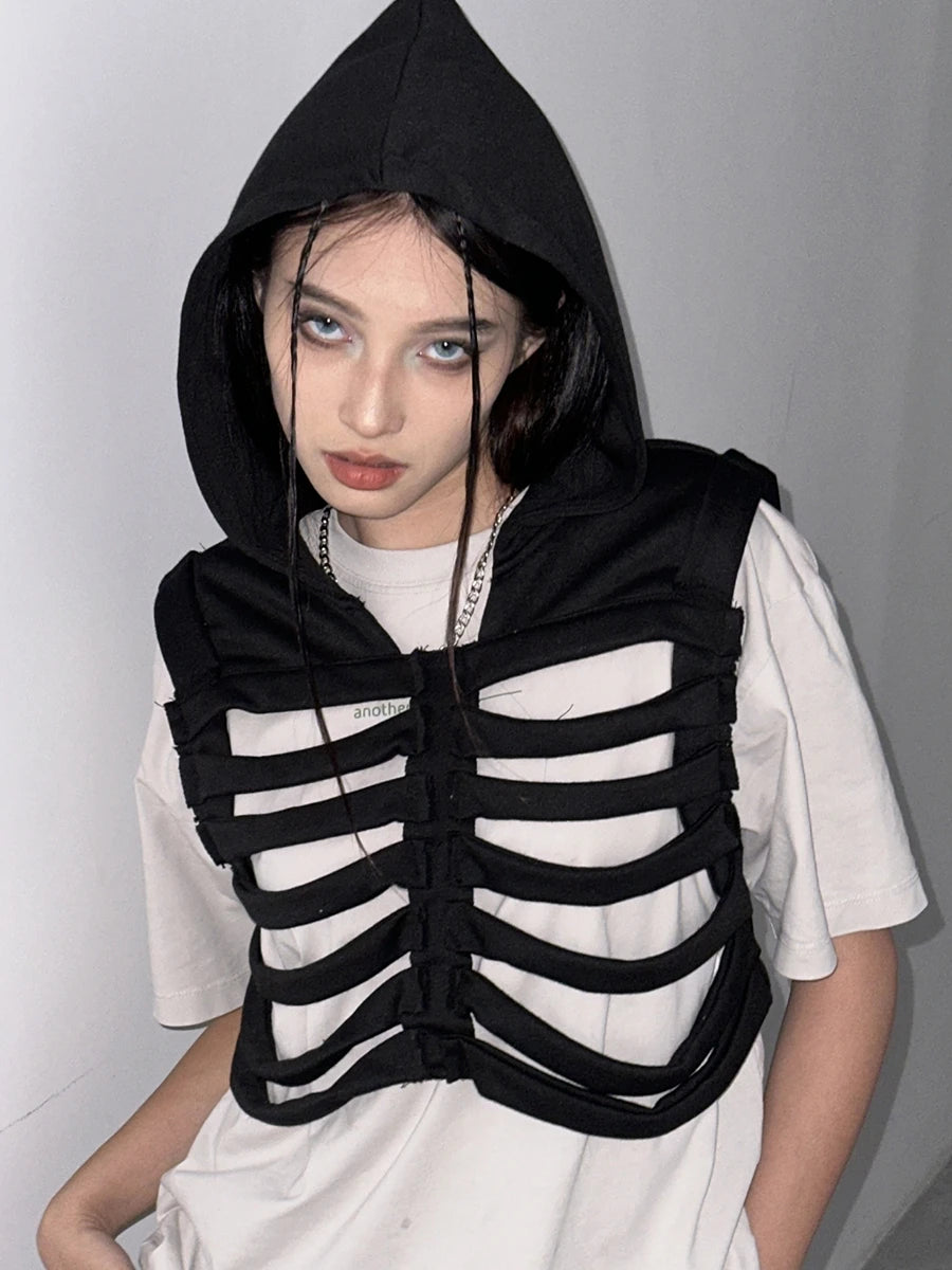 Women Vest Coat Chic Sleeveless Hooded Vest Hollowed Skeleton Hoodie