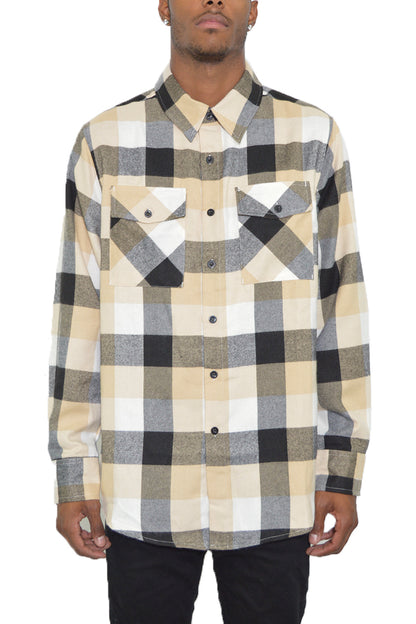 Long Sleeve Checkered Plaid Brushed Flannel