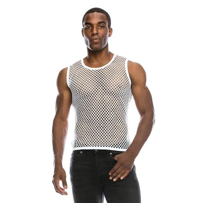 Mens See Through Black Mesh Fishnet Tanks Top Sleeveless Fitted Top Tees